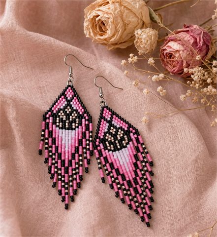 Pink and black fringe earrings preview