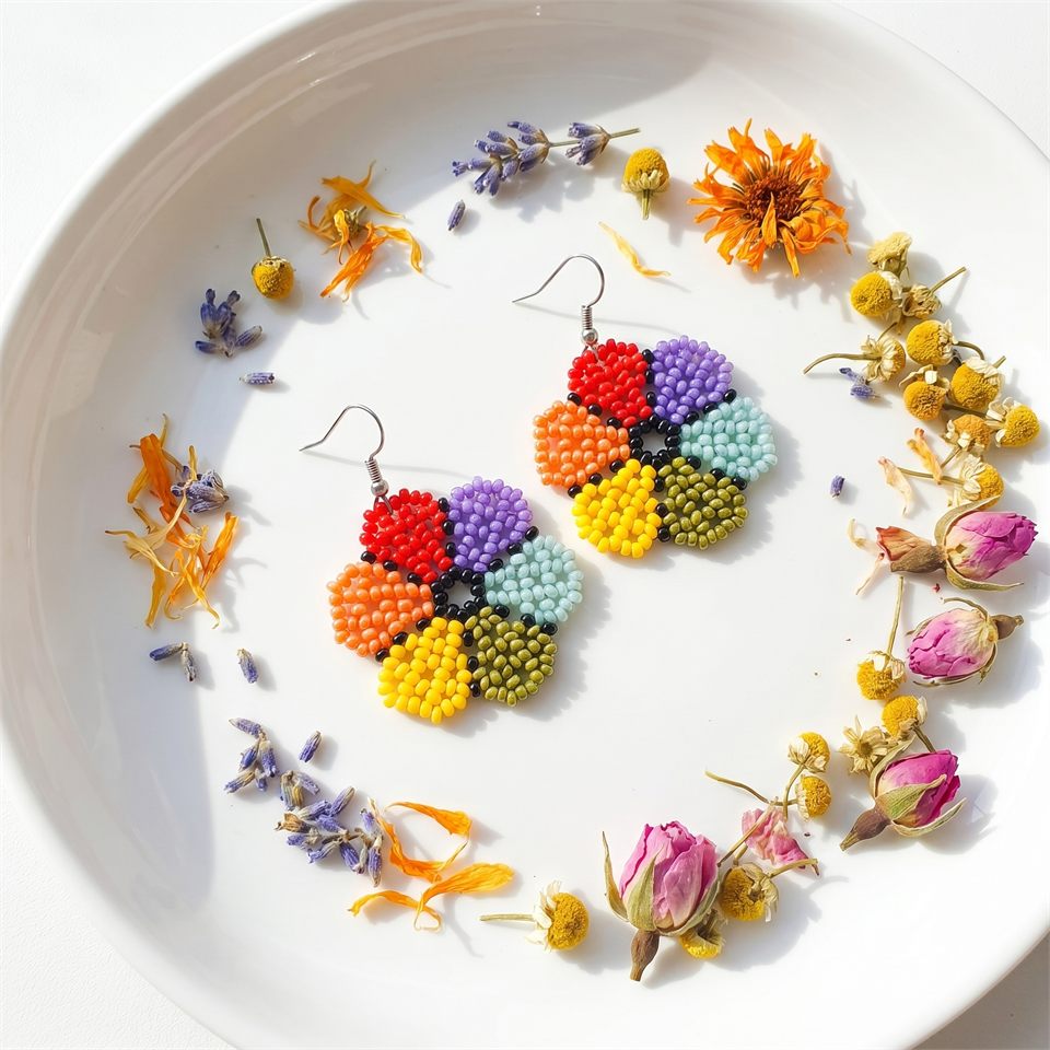 Rainbow flower beaded earrings arranged on a white plate with dried flowers