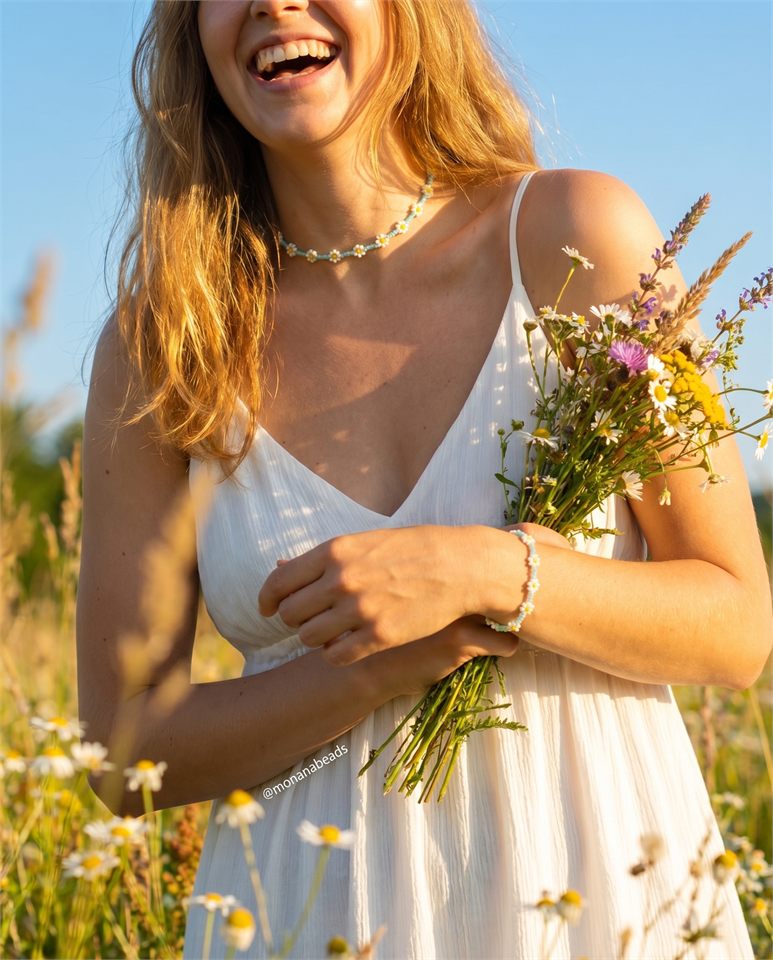 Handmade beaded necklace worn with a summer dress